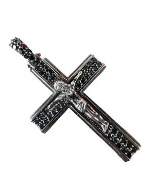 Sterling Silver 925 Crucifix Cross Pendant With Black Glass Stones